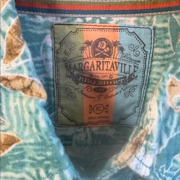 Margaritaville Men's BBQ Shirt - Teal and Tan Tropical Floral Hawaiian Beach Top - Picture 5 of 6